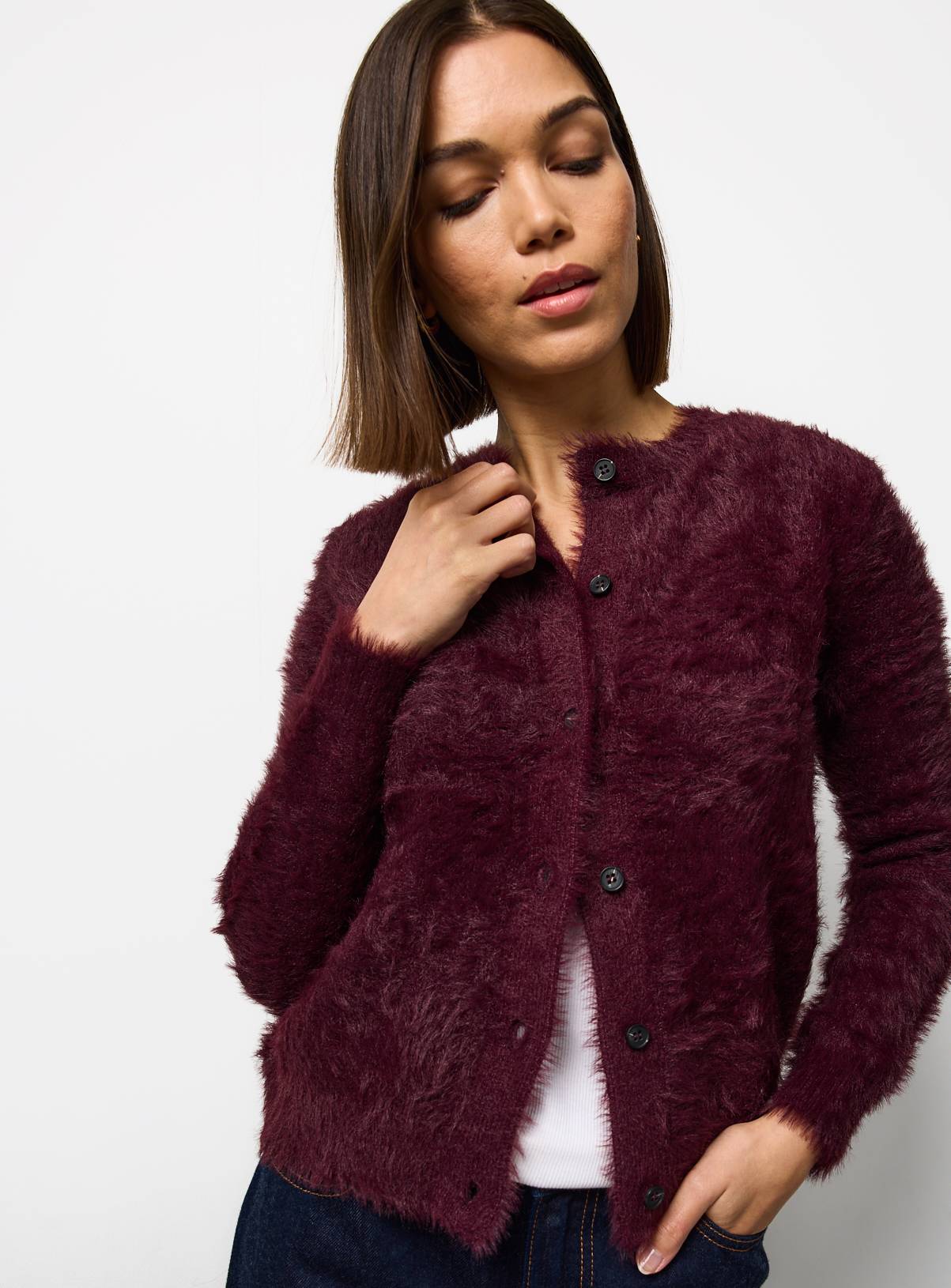 Dark Red Crew Neck Eyelash Knit Cardigan 18 - Image 1